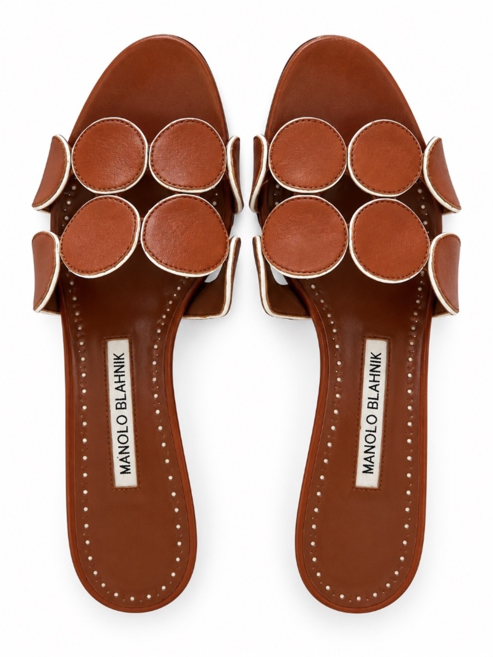 Manolo Blahnik Brown Leather Petal Kitten Heel Mules Sandals Size 37.5